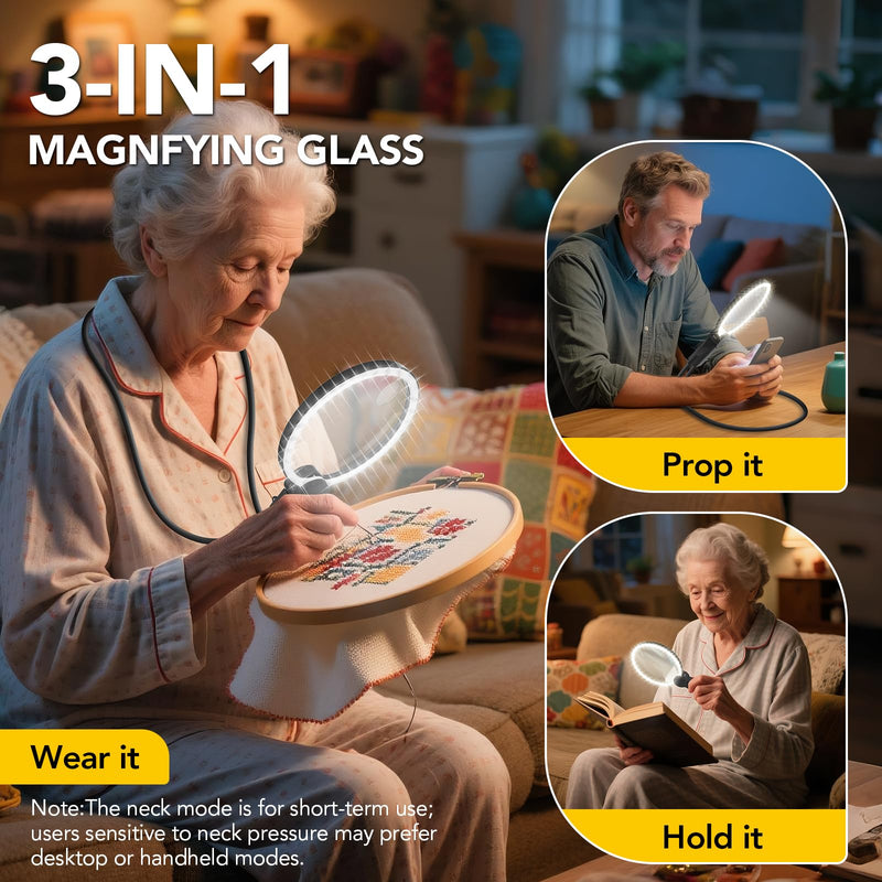 2500mAh Magnifying Glass with Light, 5X/10X Hands Free Magnifier for Reading, Sewing, Knitting, Cross Stitch & Crafts, Lighted Magnifier for Seniors & Low Vision 2500mah Long