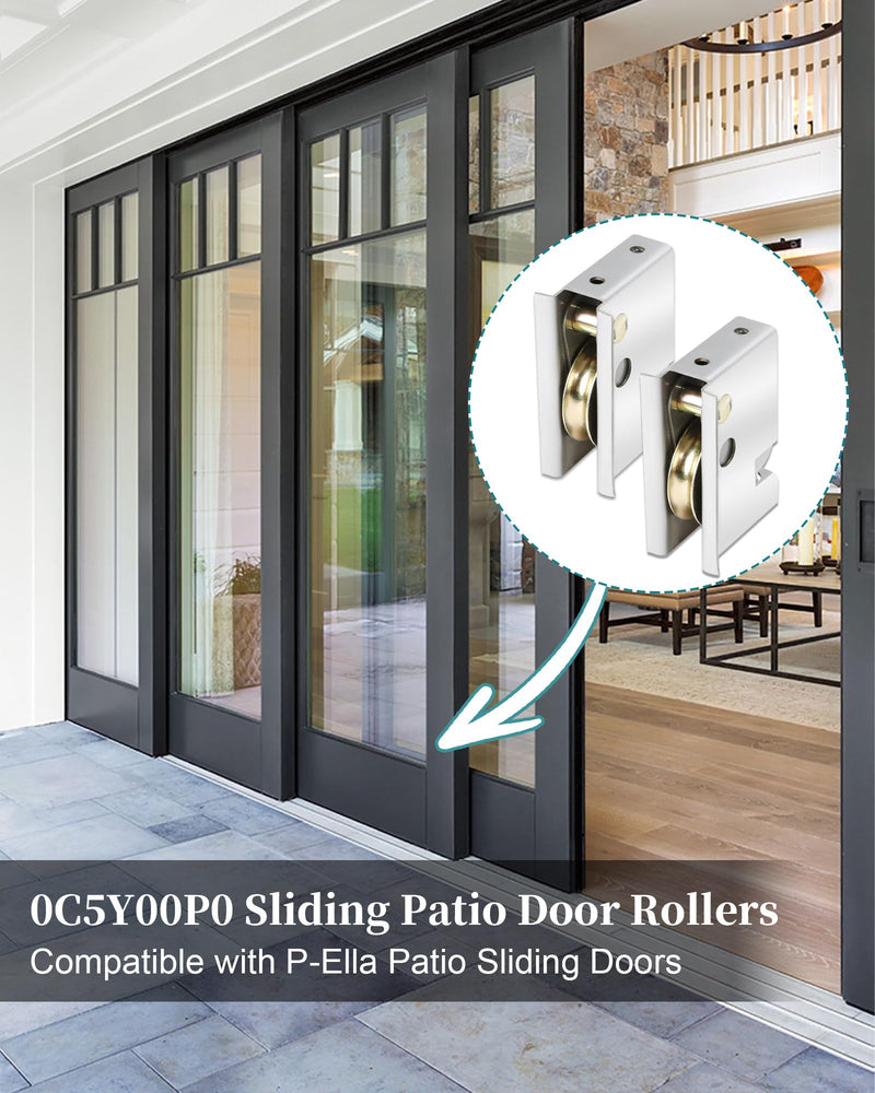 0C5Y00P0 Sliding Patio Door Rollers - 1-1/2" Steel Ball Bearing Rollers (2 Pack), Adjustable Height, Silver