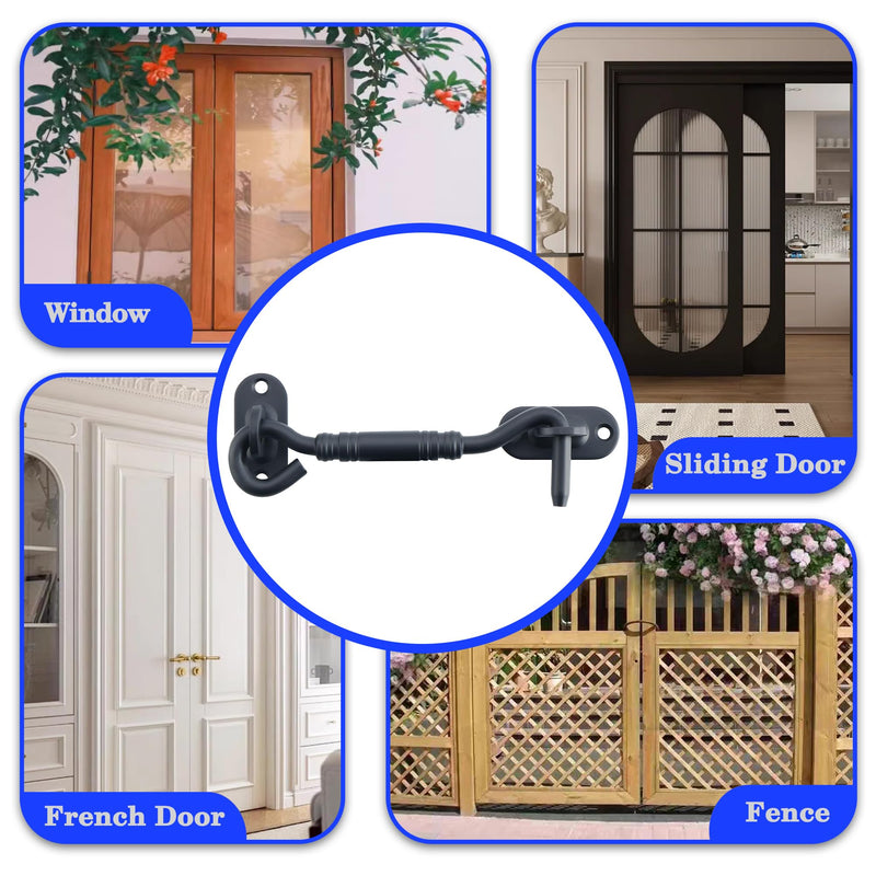 Alise 2 Pcs Hook and Eyes Catch Door Latch Locks for Window Barns Cabin Sliding Doors Double Gates Garage Shed Doors,4 Inch Solid Stainless Steel Latches,Matte Black 4 Inch(2 Pack)