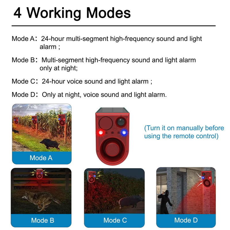 Solar Outdoor Motion Sensor Alarm-Dog Barking&Gunshot Sound, 130db Motion Detector Alarm Light,with Remote Controller,13 Kinds of Sound Red&Blue Strobe Light with USB (± Volume /130dB 1PCS) 911J 1 Pack
