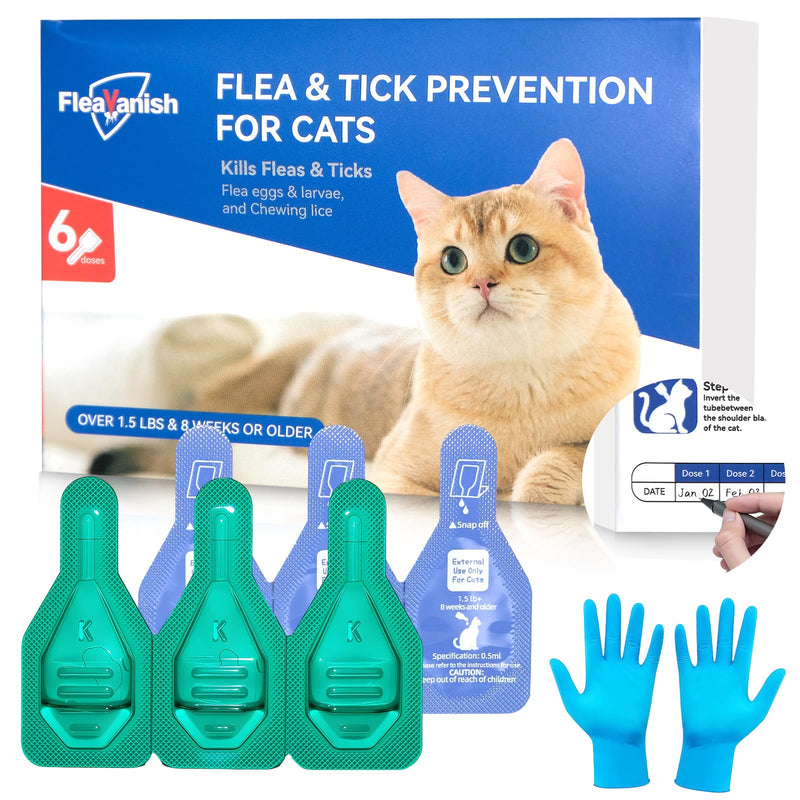 Cat Flea and Tick Drops - 6 Month Supply | Fast-Acting & Long-Lasting & Waterproof | Easy Snap-Off Tubes | Include 6 Nitrile Gloves & Tracker Calendar | for Cats Kittens 1.5 lbs+ & 8 Weeks+