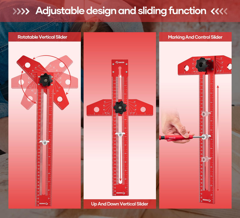 Saker Woodworking Scriber Marking Line Ruler, Adjustable Aluminum Alloy Sliding T-Square Ruler,Precision Line Drawing aid Ruler with Angle Adjustment Scale