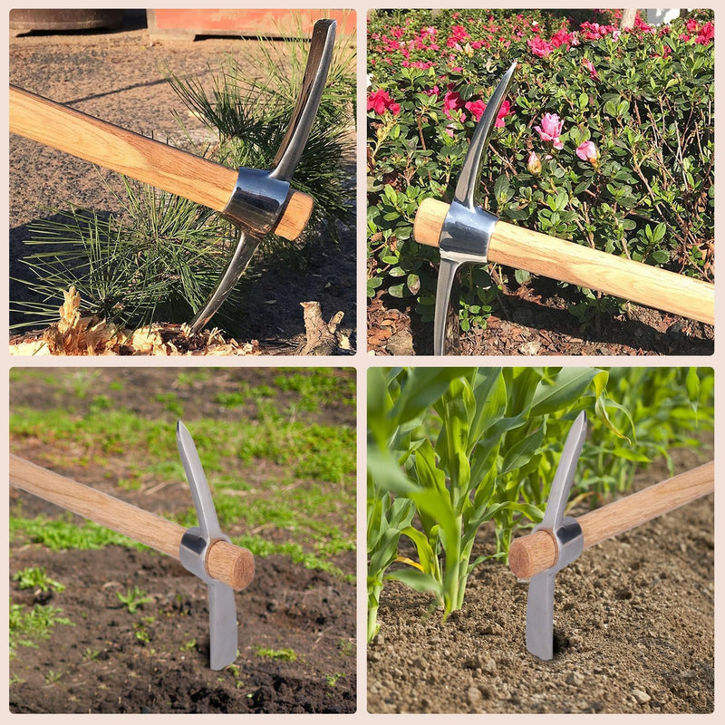 15.7in Hand Cultivator & Hoe Tool - Dual Head Stainless Steel Garden Pickaxe for Weeding, Digging, Planting - Ergonomic Wooden Handle for Farming, Landscaping, Bonsai Care
