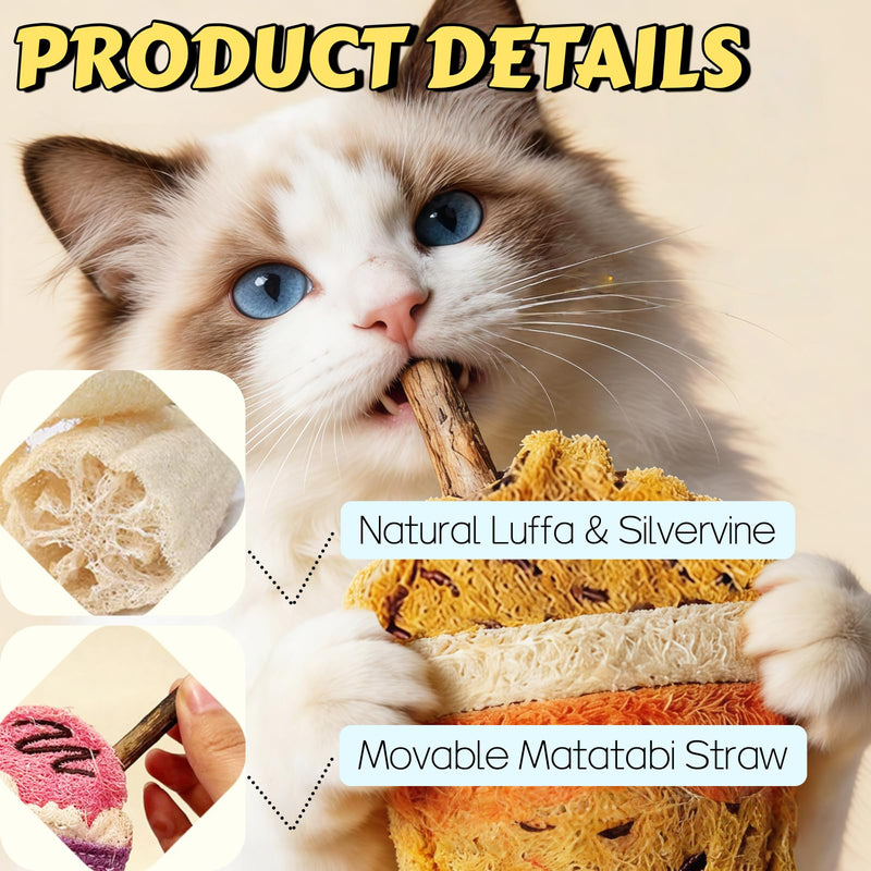 Natural Loofah Chew Cat Toys Janpanese Style, Dental Care Silvervine Sticks for Indoor Cats and Kittens, Milk Tea Cup-Shaped Catnip Treat Toys (Brown) Brown
