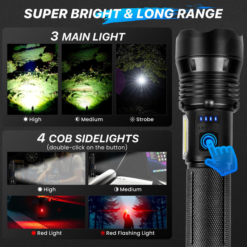 THY TRY Rechargeable Flashlight 90,000 High Lumens, 2 Pack Bright Flashlights with 7 Modes, Powerful Flash Light for Home, Hiking, Camping