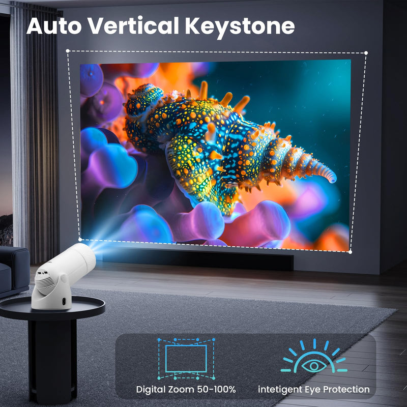 Mini Projector Supports 4k, Wifi, Bluetooth, and 180 Degree Roation Built in Speaker Connects to Phone iPhone/Android/TV Stick, Outdoor Projector 1-White