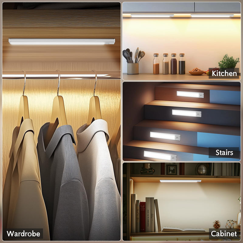 Under Cabinet Lighting Wireless, 4Pack Motion Sensor Light Indoor with 3 Color Temps, Dimmable Closet Lights Battery Operated, LED Magnetic Light, Rechargeable Under Counter Lights for Kitchen Home 8inch-4Pack
