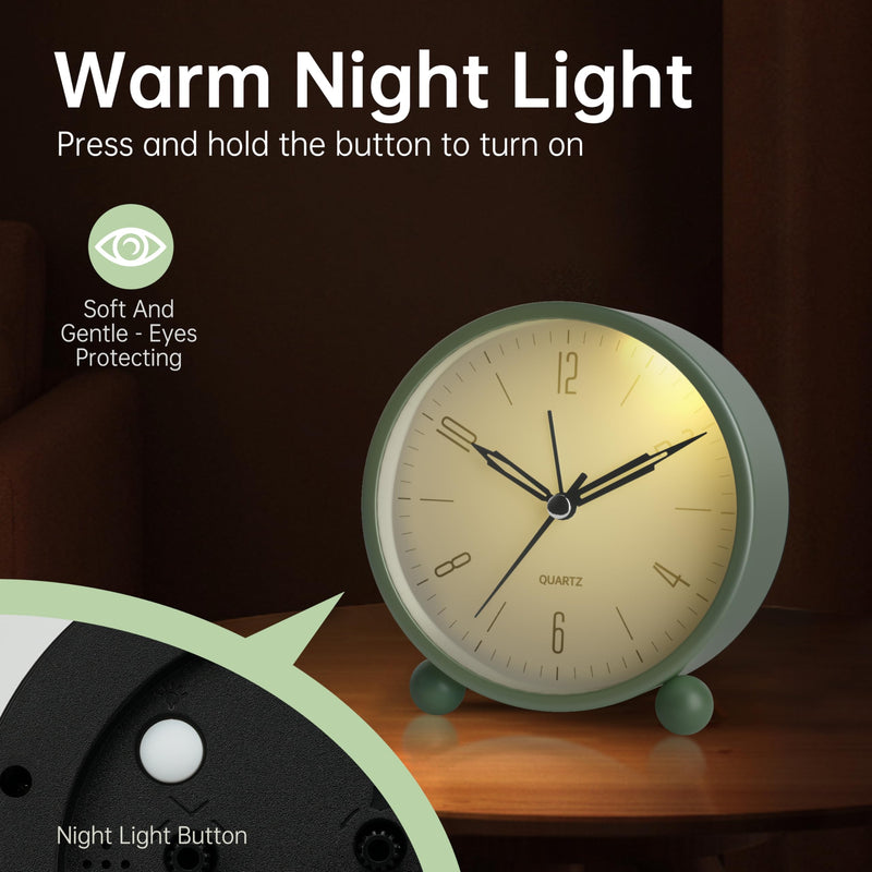 Analog Alarm Clock, 4 inch Super Silent Non Ticking Small Clock with Night Light, Battery Operated, Simple Design, Old Fashioned Style Ideal Decor, for Bedroom, Bedside, Desk, Adult, Kid, Gift, Green