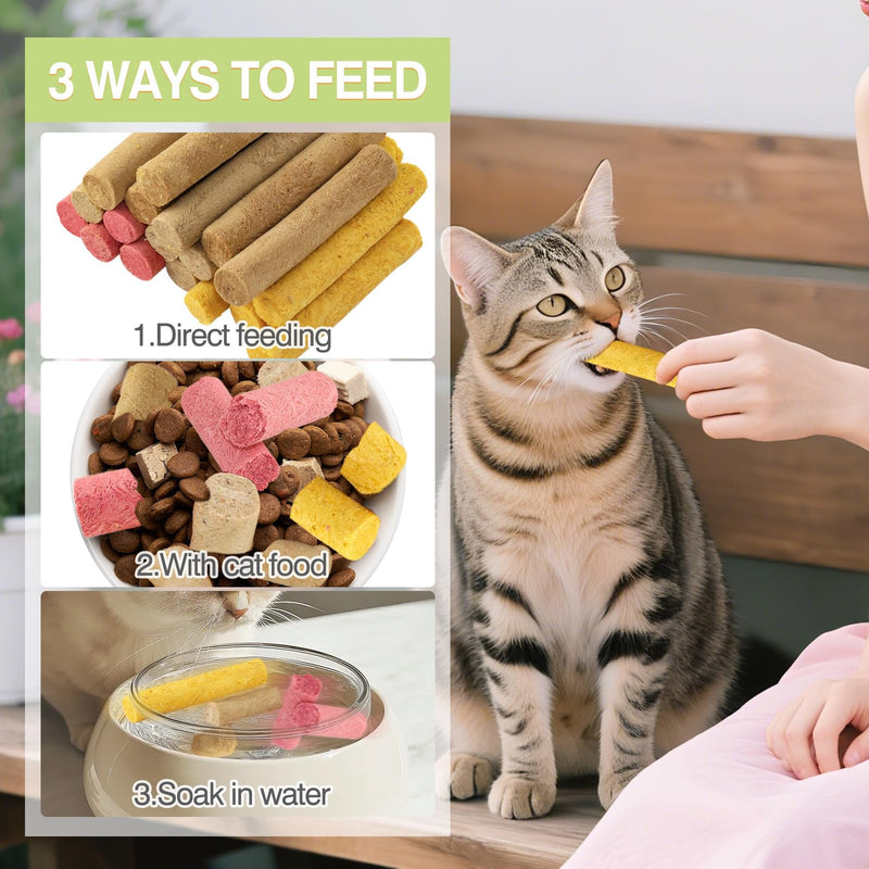 4 Flavor/110g Freeze-Dried Cat Treats,Chew Sticks for Dental Health,Hairball Control & Digestive Support (Beef,Cat Grass Salmon,Chicken Pumpkin,Chicken Dragon Fruit)