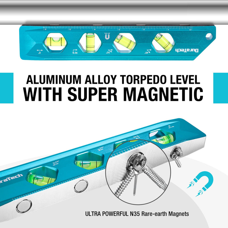 DURATECH 3-Piece Level Tool Set, Magnetic Torpedo Level Included 2.5", 6.25", 8" Level with 0°/30°/45°/90° Bubbles, V-Groove, Large Viewing Window, Aluminium Alloy Construction, SAE and Metric Scale