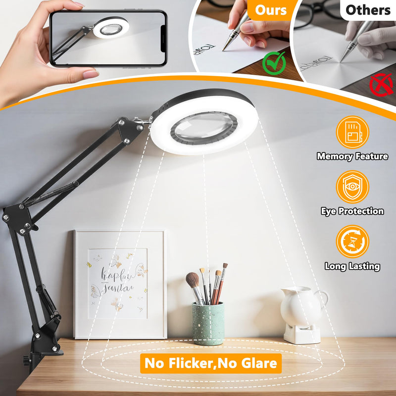 12X Magnifying Glass with Light and Stand, 9 Dimmable Brightness, 5 Color Modes, Hands Free Metal Magnifying Lamp with Clamp for Craft Reading Painting Sewing Hobby Close Work