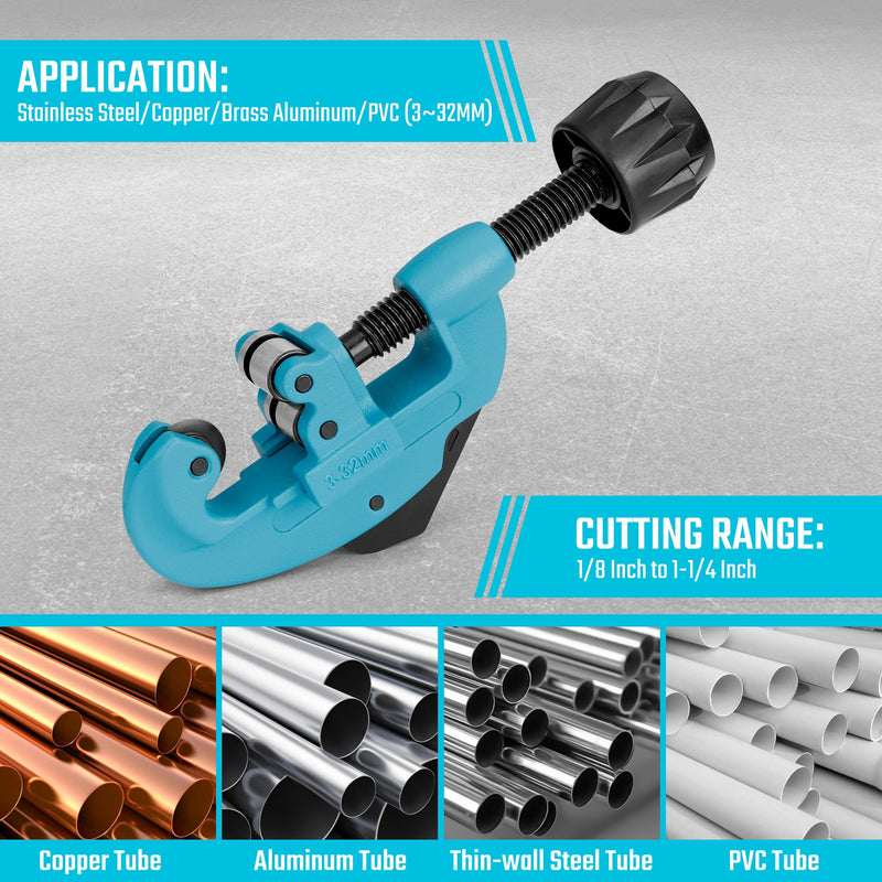 DURATECH Tubing Cutter 1/8"-1-1/4", Copper, Aluminum, Brass and Plastic Tubing Quick-Acting Cutter, With Replacement Wheel and Reamer