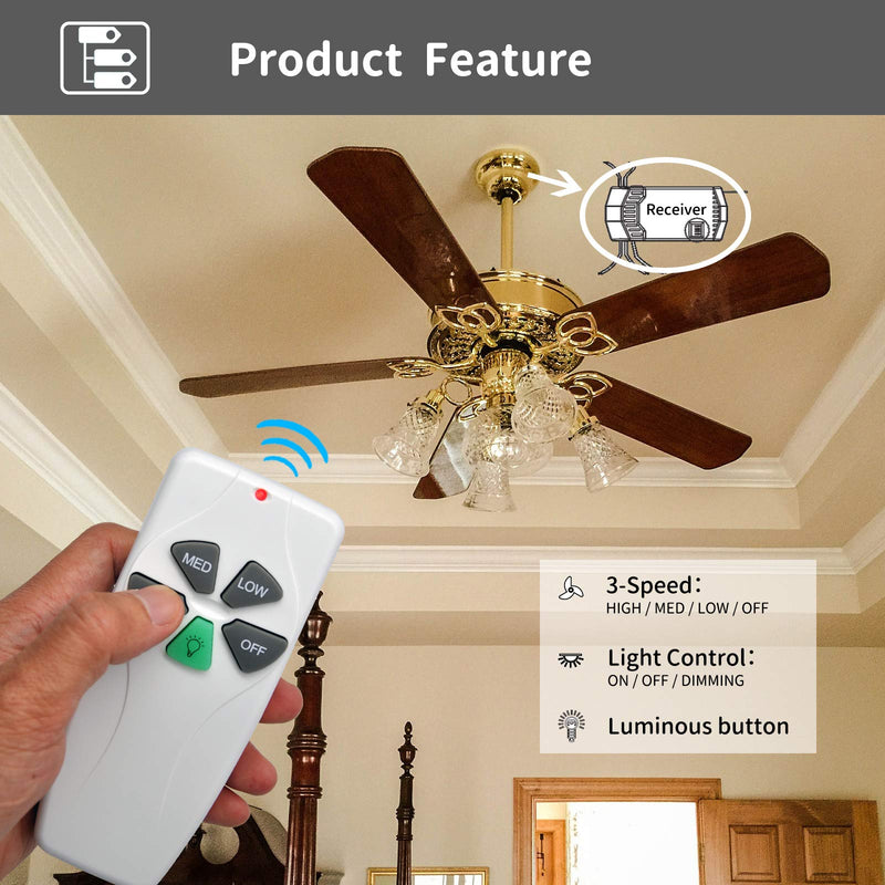 Universal Ceiling Fan Remote Control Kit Replacement for Harbor Breeze Hampton Bay Hunter Litex, 3-Speed Light Dimmer with FAN28R Receiver, Replace FAN-53T 2AAZPFAN53T 11T KUJCE9103 UC7030T FAN28R FAN-53T Remote Kit