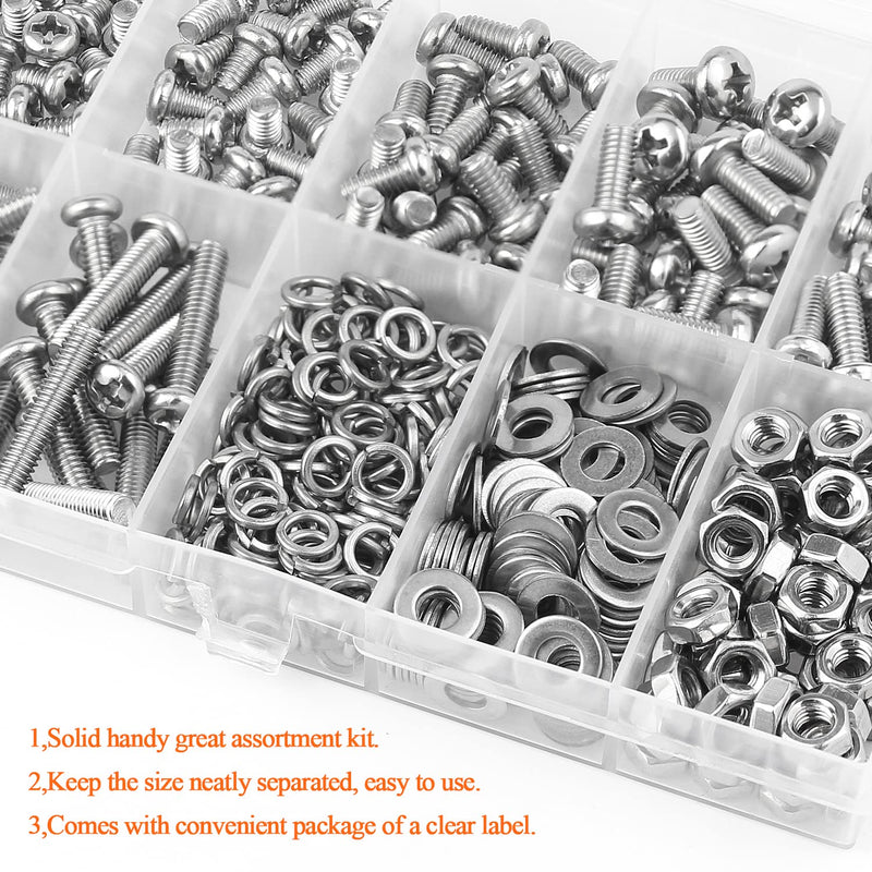 380 Pieces M4 x 5mm /6mm /8mm /10mm /12mm /16mm /20mm, Phillips Pan Head Machine Screws, Metric Screws Bolts Washers Nuts Kit, 304 Stainless Steel