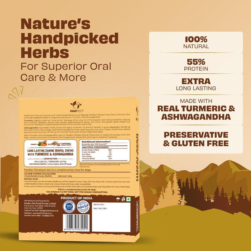 Pawfect Himalayan Yak Cheese Chews with Turmeric & Ashwagandha for Large Dogs - 100% Natural Dental Stick- Cleans Teeth- Plaque Off and Tartar Control -High Protein Chews - Pack of 3 (420g/14.81oz)