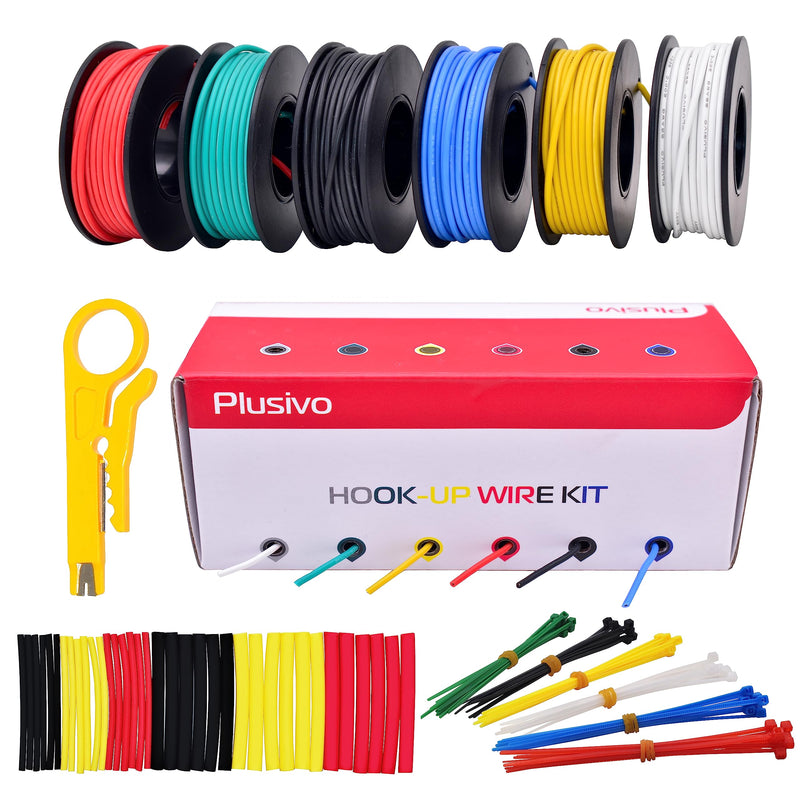 22 AWG Stranded Wire Kit – Silicone Coated Copper Wires 22 Gauge Pre-Tinned 23ft/7m Each Spool, 6 Colors (Black, Red, Yellow, Green, Blue, White), Electrical Jumper Wire Hook Up Wire Kit from Plusivo 6 colors each 23ft/7m
