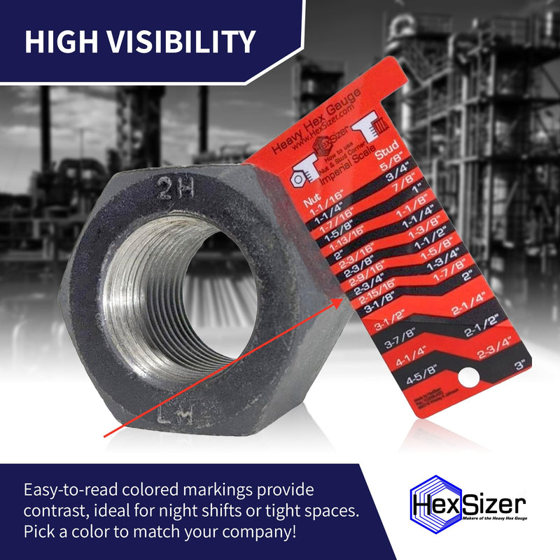HexSizer 10 Pack Heavy Hex Nut, Bolt & Stud Gauge Tool - Durable Plastic Measuring Gauge Set, Compact, with Protective Vinyl Sleeve - Hardware Sizing Tool Identifier - Inch Measurement (Black on Red) Black on Red
