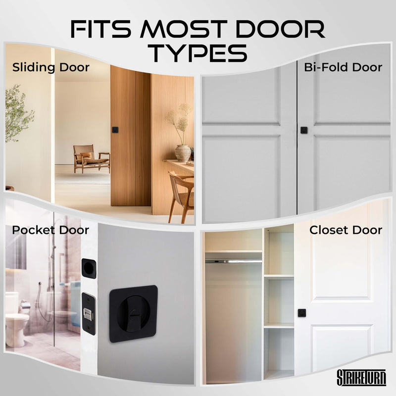 Premium Black Pocket Door Hardware - Pocket Door Lock - Ergonomic Matte Black Door Handle with Pocket Door Pull - Reversible Pocket Door Latch for Safety Square