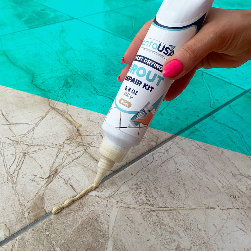 PentaUSA Tile Grout Repair Kit - Beige Grout Filler, Triple Protection, Fast Drying Formula Restores and Renews Grout Lines with Grout Float (Beige, 8.8oz / 250gr)