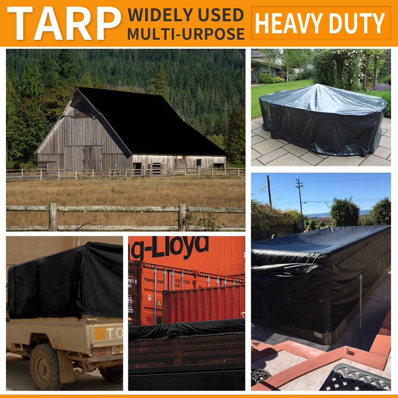 Tarps Heavy Duty Waterproof 6x6ft,TEZONG 12Mil Poly Tarp Multipurpose Tarpaulin Outdoor Cover Black for Emergency Rain,Patio Furniture,Roof,Camping,Car,Pool Black-12 Mil