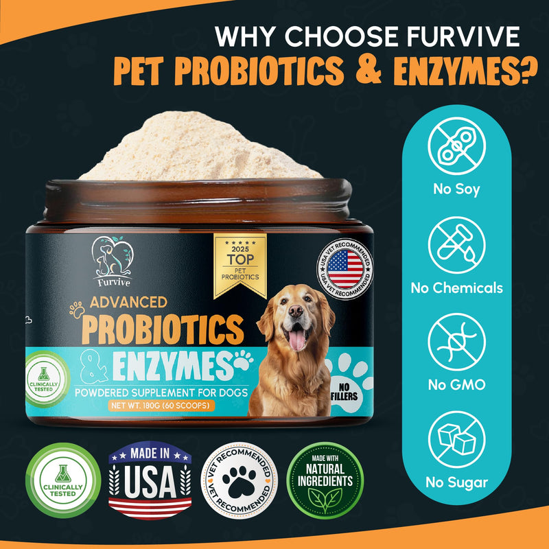 Dog Probiotics and Enzymes for Digestive Health, Gut Support, Gas & Seasonal Allergies – All Natural, Powerful Vet-Recommended Multi Strain Probiotics for Dogs – 60 Scoops