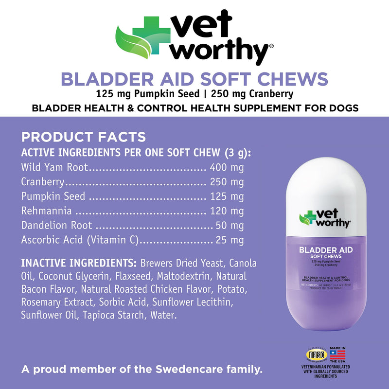 Vet Worthy Dog Bladder Supplement - Urinary Tract & Bladder Control Support for Dogs Prone to Frequent Urination - with Cranberry for Dogs & Pumpkin Seed - Helps Maintain Urine Balance - 60ct