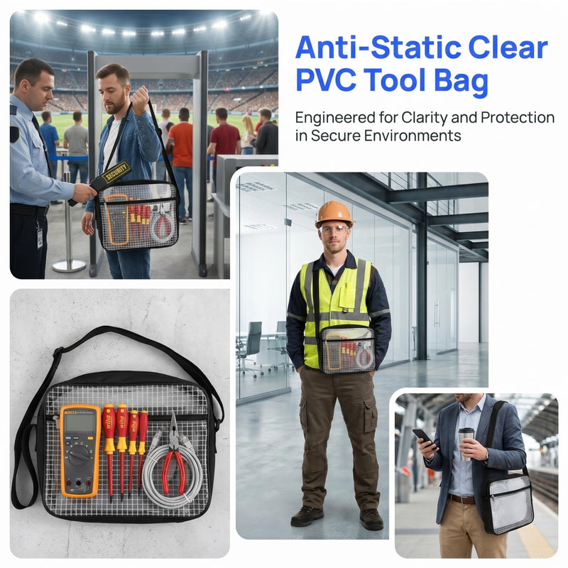 DOITOOL Clear Tool Storage Bag Transparent Pvc Cross Body Bag with Adjustable Shoulder Strap 15.74 X 11.81 X 3.14 in Anti-Static Storage Pouch for Tools Keys Travel