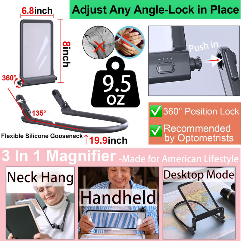 Large Hands-Free Magnifying Glass with 40LED Eye Caring 3 Light & Detachable GooseNeck Bracket, Anti-Glare Lens Magnifier 3X Rechargeable for Read, Craft, Needlework, Knit, Low Vision Senior