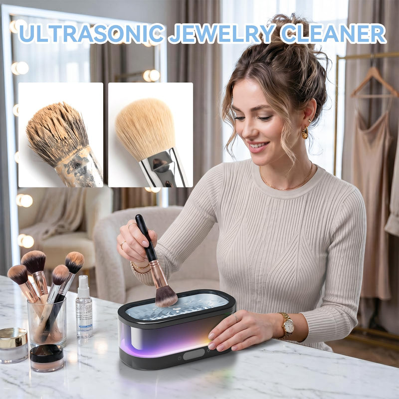Ultrasonic Jewelry Cleaner with RGB Ambient Light, 48KHz Ultrasonic Cleaner for Jewelry, Glasses, Retainers, Dentures, Rings & Watches, 350ML SUS304 Stainless Steel Cleaning Machine, Black