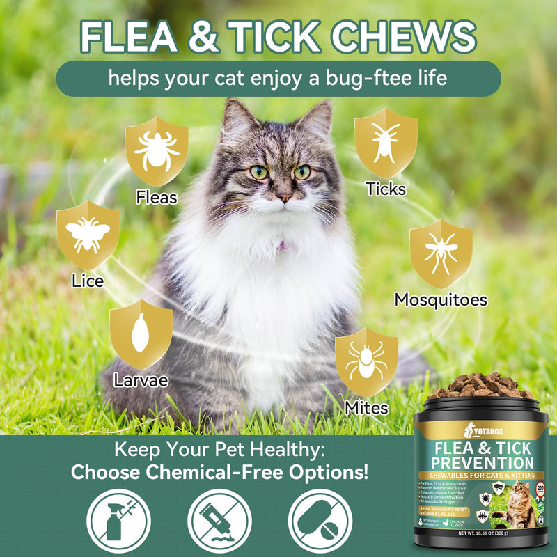 Natural Flea Treatment for Cats Chewables, 200 Soft Treats Flea and Tick Prevention for Cats, Oral Flea Supplement for Kitten Cat, Cat Flea and Tick Treatment, Skin & Coat Support - All Breeds & Ages