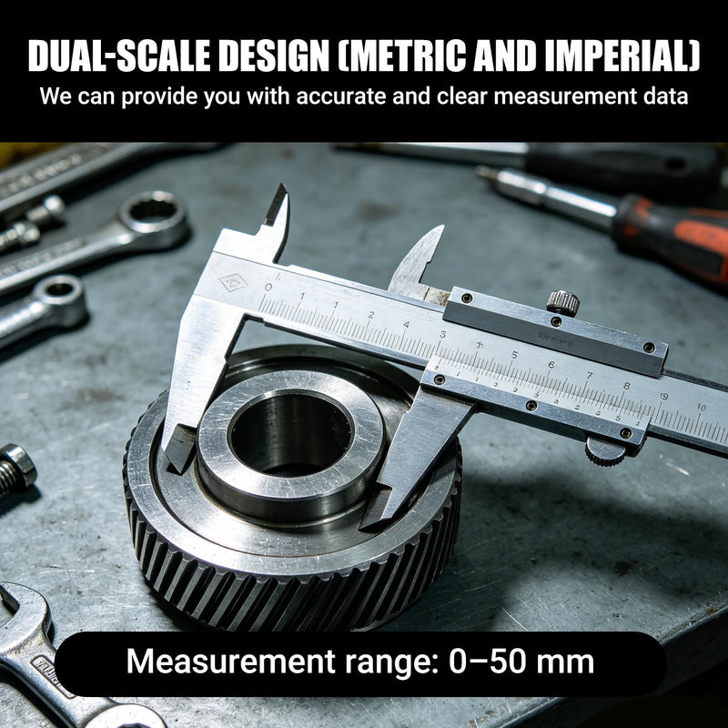 Vernier Caliper, 50mm Vernier Caliper, Measuring Tool 0.05mm Accuracy Metric Imperial Dual Scale Stainless Steel Range 0‑50mm Inside Outside Depth Step Measurements