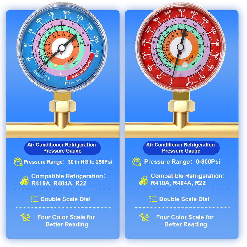 MEANLIN MEASURE Refrigeration Pressure Gauge, 1/8" NPT, 30 in HG to 250Psi and 0-800Psi, 2-3/4" Dial, R-404A, R-22, R-410A, Degree F, with 1/4" NPT and 3/8" NPT Hex Bushing, Lower Mount Red & Blue Dial