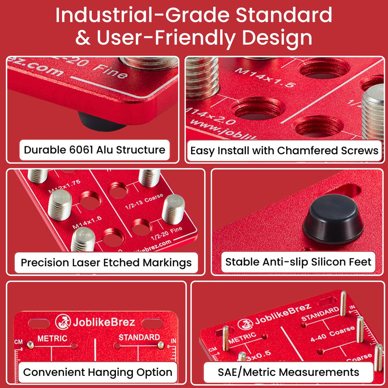 Thread Checker, 30 Nut and Bolt Thread Checker, Bolt Size and Thread Gauge 15 Standard & 15 Metric, Thread Pitch Gauge, Wall-Mountable Bolt Thread Identifier Gauge with Inch & CM Ruler Red