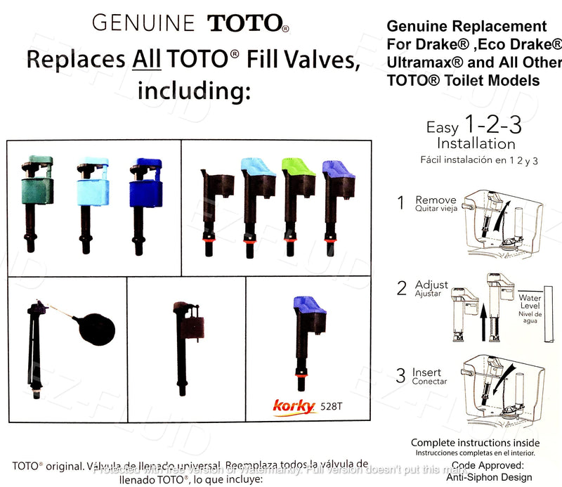 Genuine TOTO USA Made Korky 528GT Blue Universal Toilet Fill Valve Replacement Assembly Repair Kit Inside Tank Parts,Replace TSU99A.X and All other TOTO Toilets (1) 1