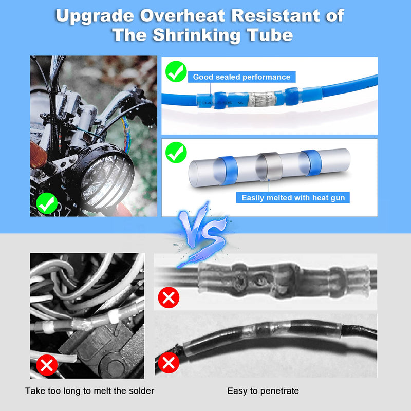 Kuject 300PCS Blue Solder Seal Wire Connectors, Waterproof Self Solder Heat Shrink Butt Connector Solder Sleeve Electrical Butt Splice for Automotive Marine Boat Trailer Truck 16-14 Awg 300
