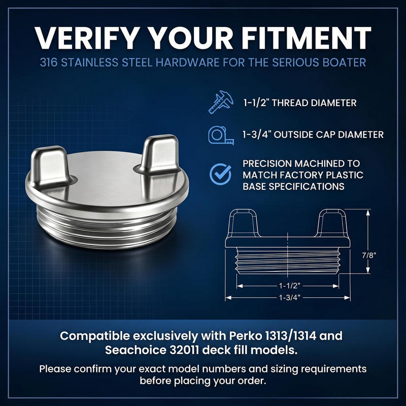 316 Stainless Steel Marine Deck Fill Cap with O-Ring,Replaces Compatible with Perko 1313/1314 & for Seachoice 32011,Boat Gas Cap Replacement,1-1/2" Thread for Bass Boats 2PC
