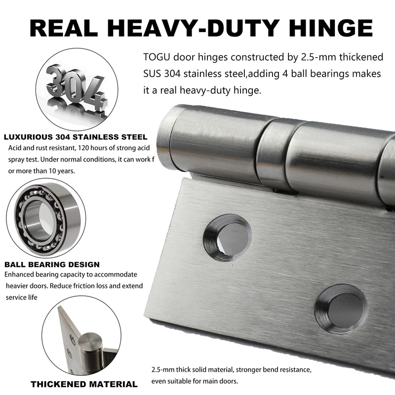 TOGU 2-PCS Brushed Nickel Door Hinges 4" x 3" Made of 2.5mm 304 Stainless Steel. Heavy Duty Hinges Work as Exterior Door Hinges for Bedroom, School, Apartment, Office 2 Pack