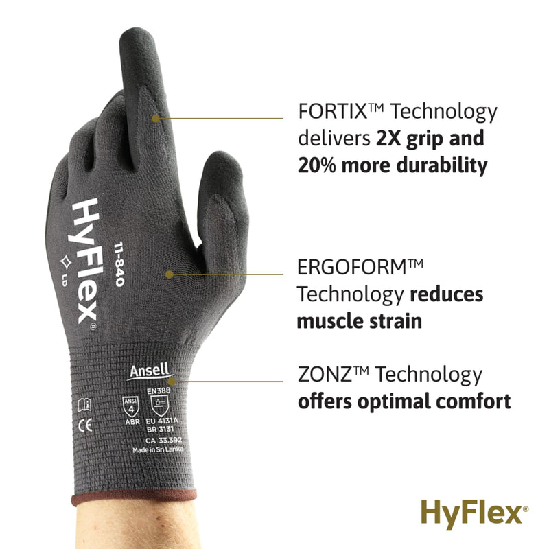 HyFlex Ansell 11-840 Ergonomic Abrasion-Resistant Nitrile Foam Industrial Gloves for Automotive, Fabrication, EMS, Utilities - Size 10, Black (12 Pairs)