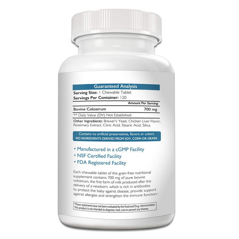 Pure Bovine Colostrum for Dogs Supplement, Rich in Antibodies to Protect Against Disease, Support for Immune Function, Digestive System, 120 Chewable Tablets - PawsPlanet Australia