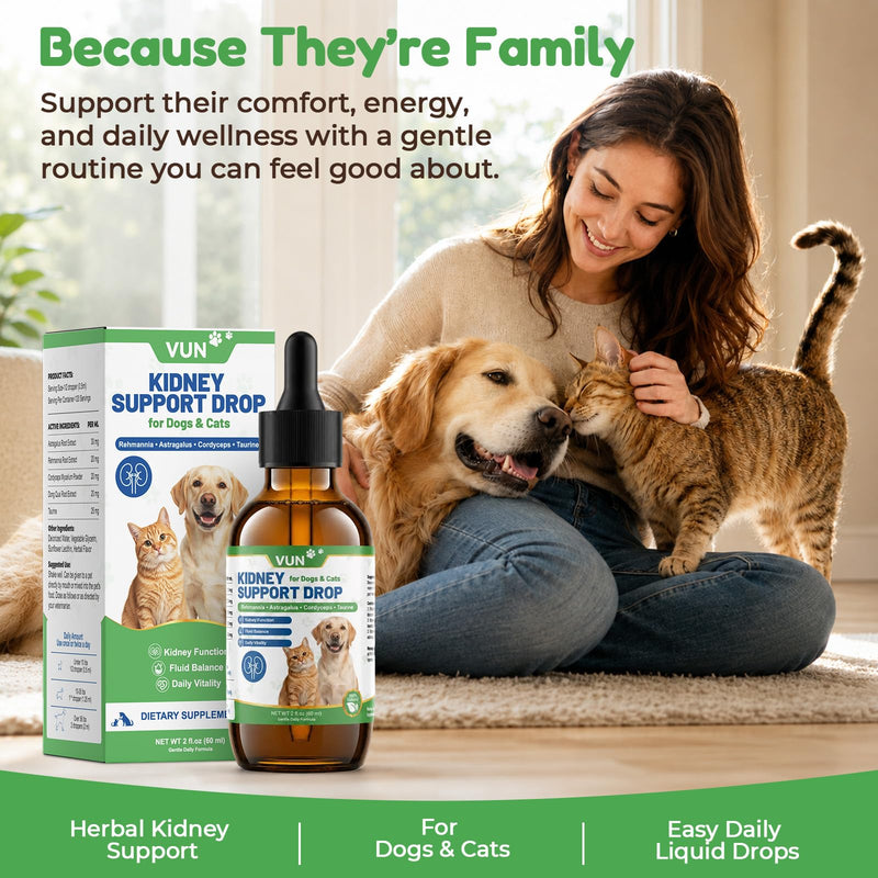 VUN Kidney Support Supplement for Dogs & Cats,Liquid Herbal Kidney&UTI Support for Kidney Urinary and Bladder Function, Fluid Balance & Energy, Easy Drops for Senior & Sensitive Pets, 60ml
