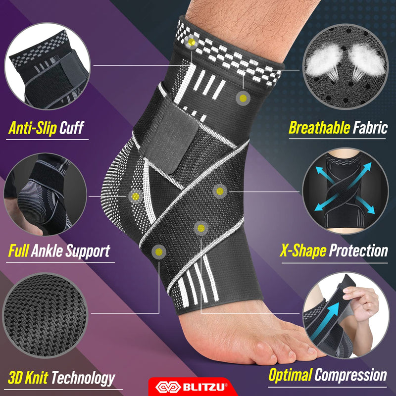 Ankle Brace for Women, Men, Plantar Fasciitis Relief, Achilles Tendonitis Brace for Sprained Foot, Ankle Compression Sleeve with Strap Black L Large