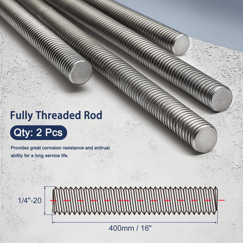1/4"-20 Fully All Threaded Rod & Studs, 16" Length, 304 Stainless Steel Right Hand Thread Screw for Furniture Anchor Bolts, Clamps, Hangers and U-Bolts 2 Pack 1/4"-20 x 16"