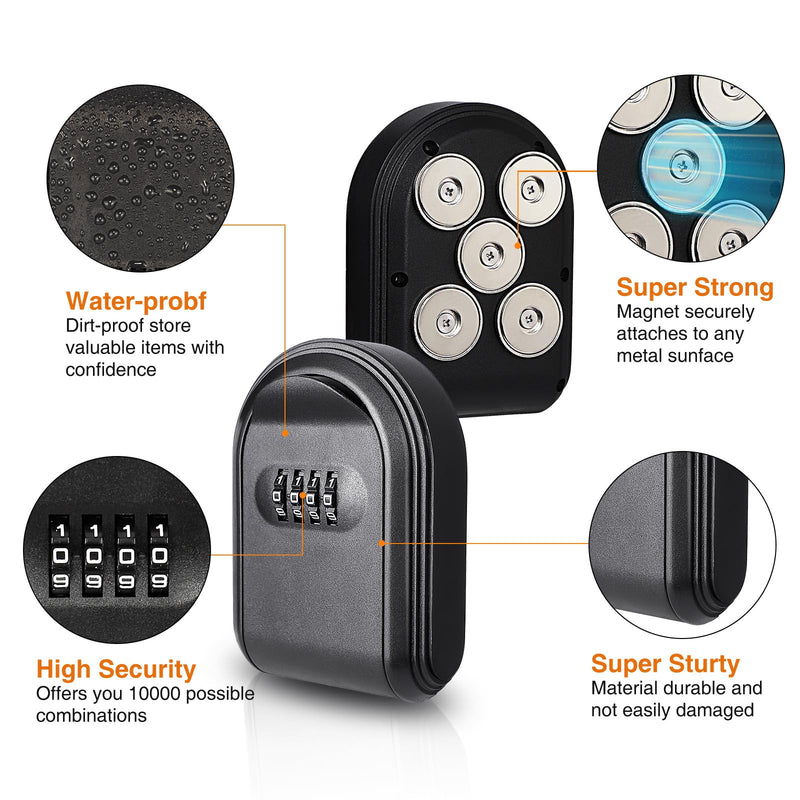 Secure Magnetic Key Holder for Cars – 5 Strong Magnets Anti-Drop Lock Box, Hide a Key Under Car with Resettable Code, Waterproof & Dustproof Design for Outdoor (Black) Black