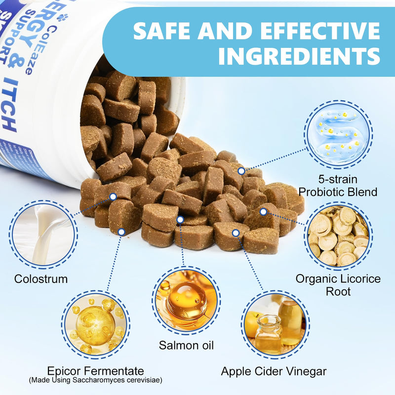 Dog Allergy Chews 200ct, Dog Allergy and Itching Skin Relief Bites Anti-Itch Skin & Coat Supplement Immune Support with Colostrum for Itchy Skin and Itchy Ears Licking Paws for Dogs Seasonal Allergies Salmon