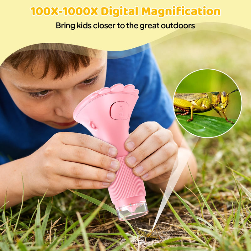 Kids Magnifying Glass, 2.0 Inch Digital Screen Mini Pocket Microscope for Bug - 200x Zoom Handheld Microscope with Adjustable Lights, Edu Birthday Gifts for Age 3-12 Girls Pink