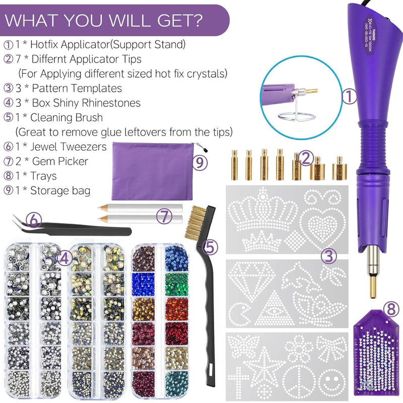 For Clothes, Fabric, Jeans, Hotfix Rhinestones Applicator Kit Set with 4500 Pcs Crystals (White/AB/Multi-Color), DIY Craft Includes 19 Pattern Templates, Tweezers, Cleaning Brush, Storage Bag