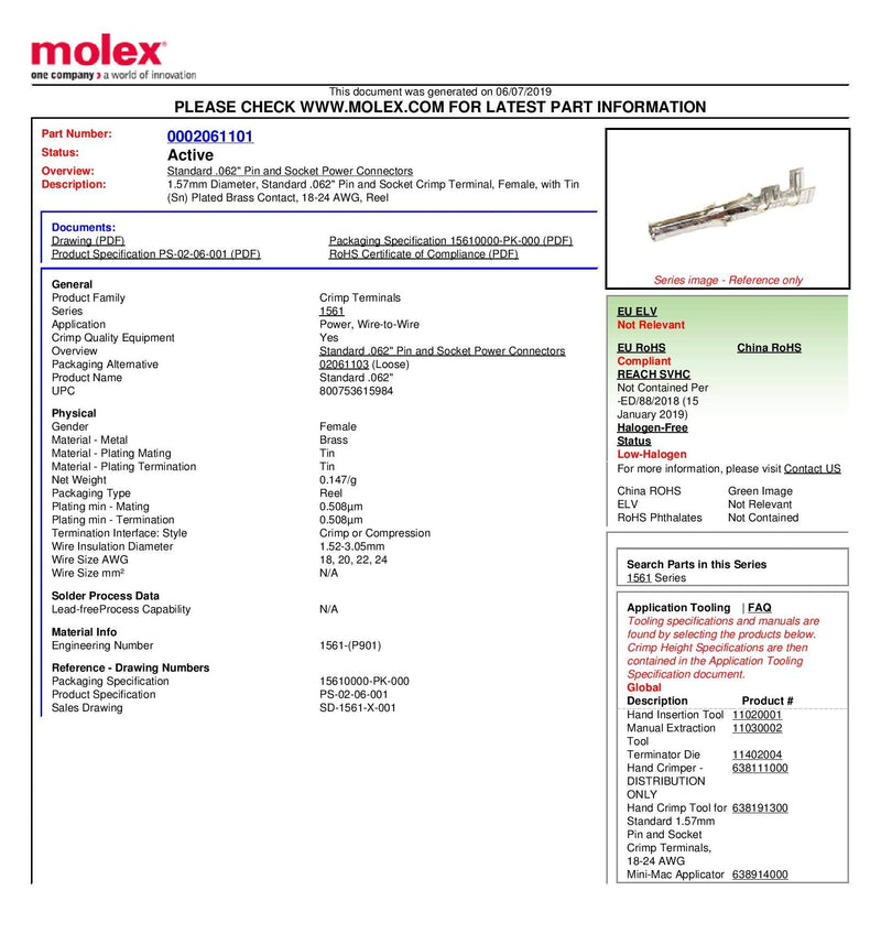 Molex Pin, Male & Female .062" 18-24 AWG, Series 1561 Tin (Sn) Plated Brass Contact (40 Pair) 40