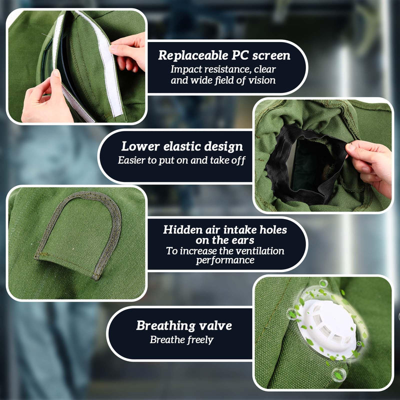 Jecery 2 Pack Sand Blasting Hood Mask with Replacement PC Lens Canvas Shawl Cap for Polishing Painting Dusting Grinding (Short,Green) Short Green