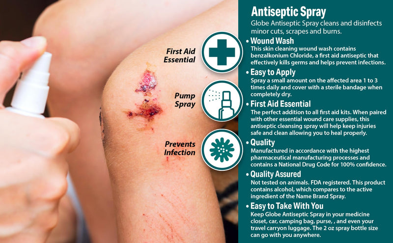 Globe First Aid Antiseptic Spray, Wound Cleaner, Benzalkonium Chloride for Minor Cuts, Scrapes and Burns, 2-Ounce (1) 1