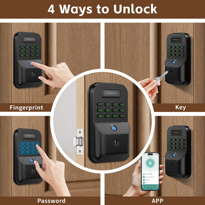 Smart Door Lock with Fingerprint - Keyless Entry Door Lock with Keypad, APP Control Electronic Keypad Deadbolt for Front Door, Auto Lock, One-time Codes, Easy to Install, Matte Black Matte Black-Without Door Handles